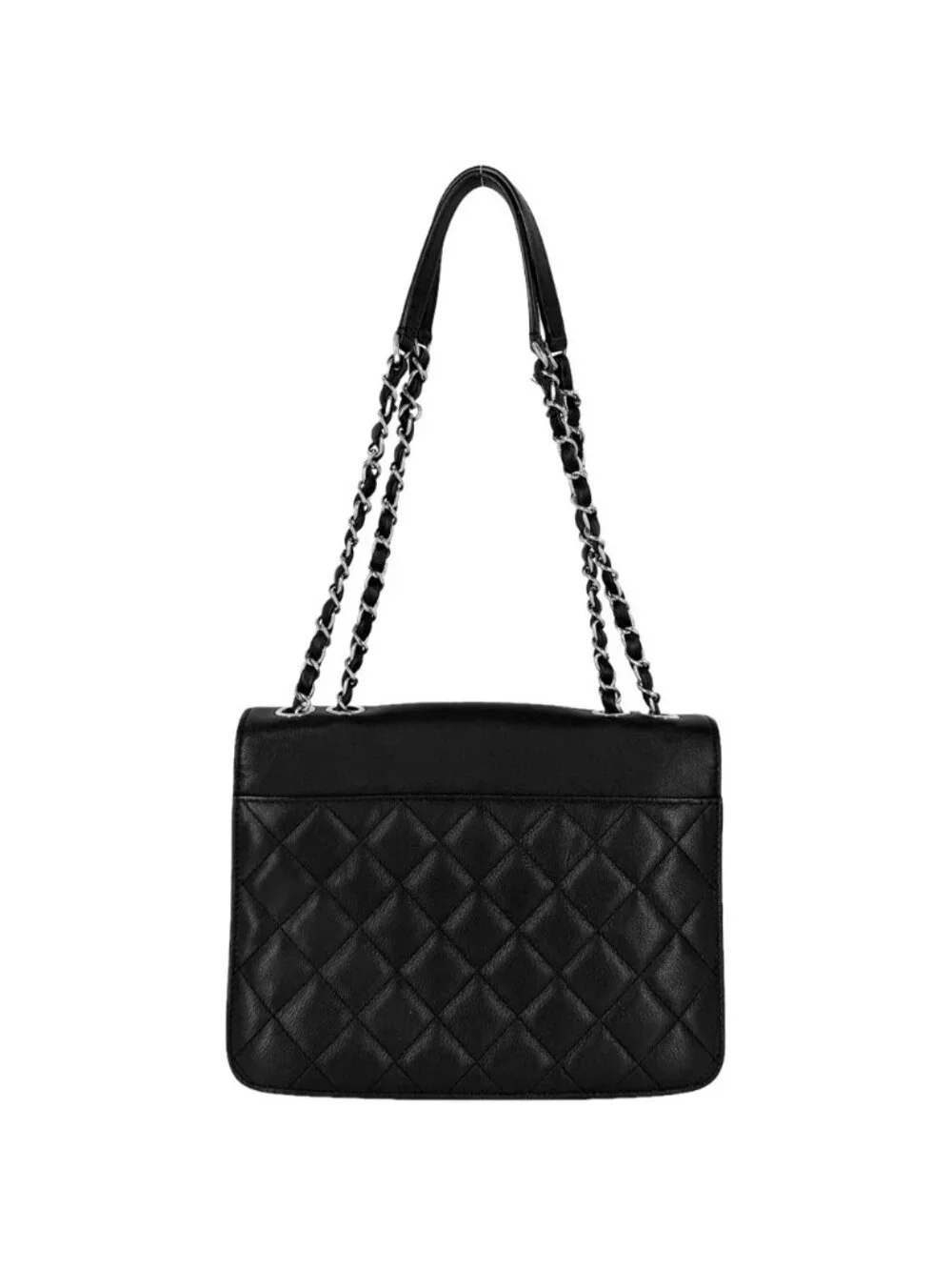 Chanel Shoulder Bag Quilted CC Logo Double Chain Crossbody Leather Black Silver